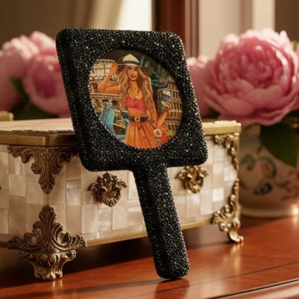 Nicole Lee Rhinestone Encrusted Handheld Round Face Mirror Beauty Vanity Travel